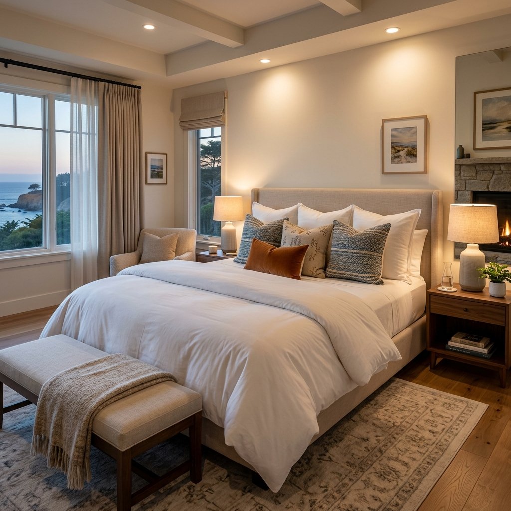 Neatly styled bedroom with crisp white linens
