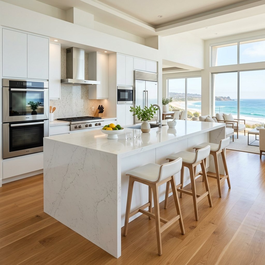 Modern sanitized gourmet kitchen ready for guests