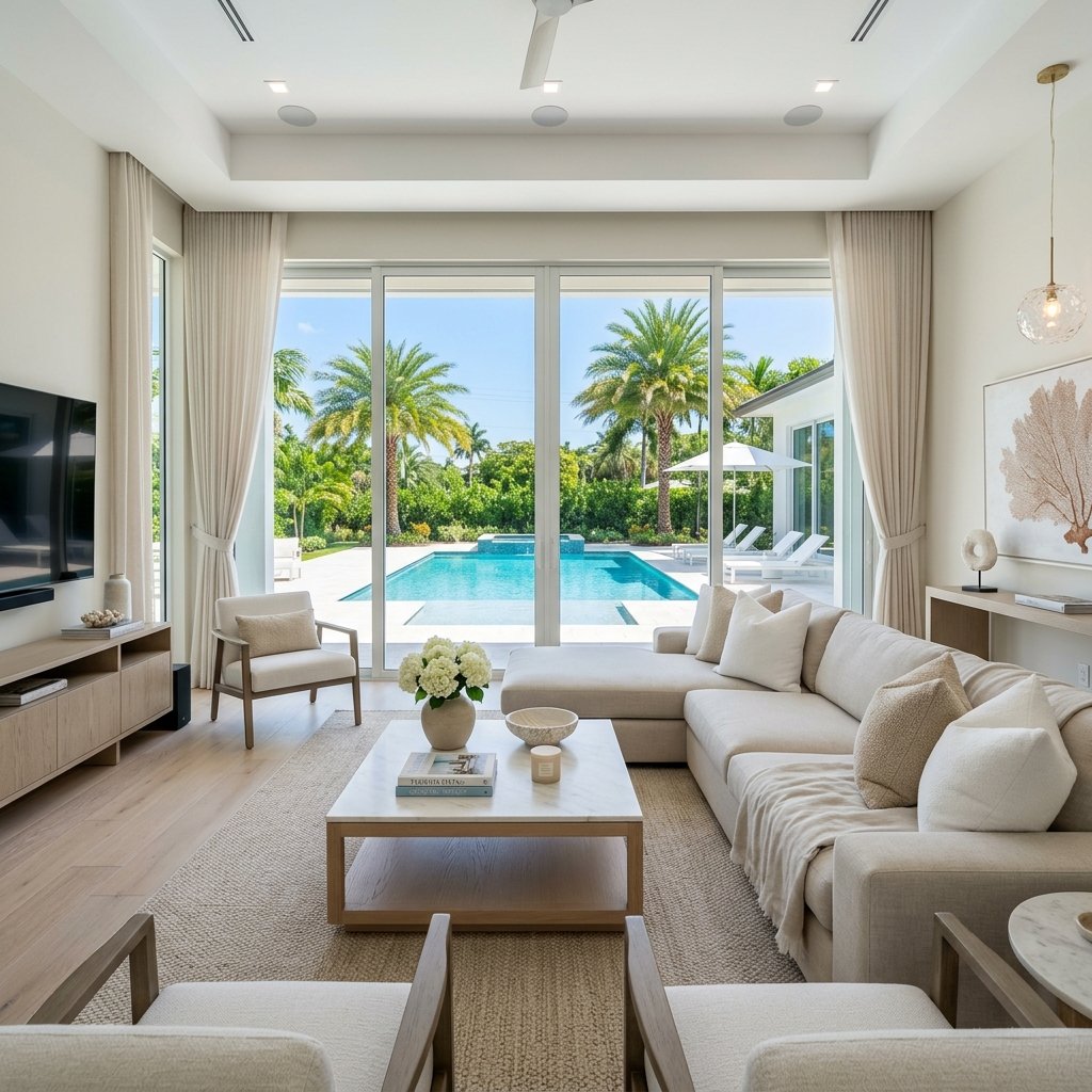 Impeccably clean luxury living room overlooking pool patio